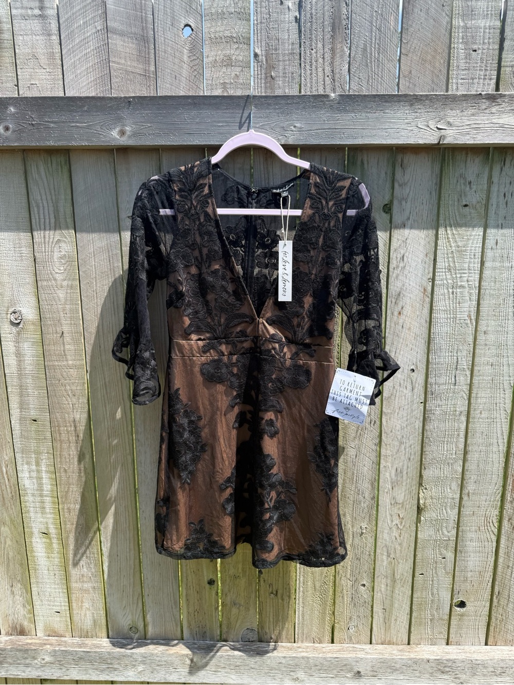 For Love & Lemons Black Lace Overlay Brown Mini Dress Size Medium NWT - Picture 2 of 4